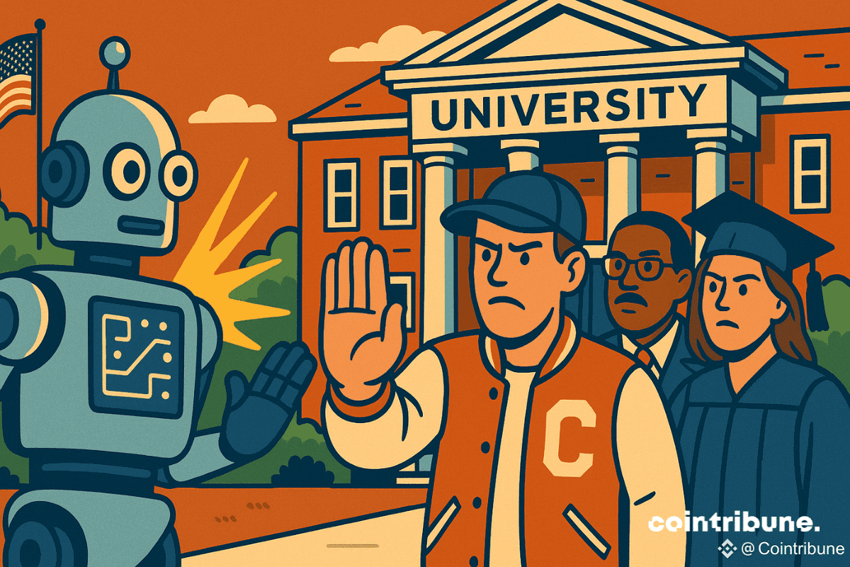 Un robot symbolisant l’IA est stoppé par des étudiants devant une université américaine : méfiance, tension, éducation et technologie.