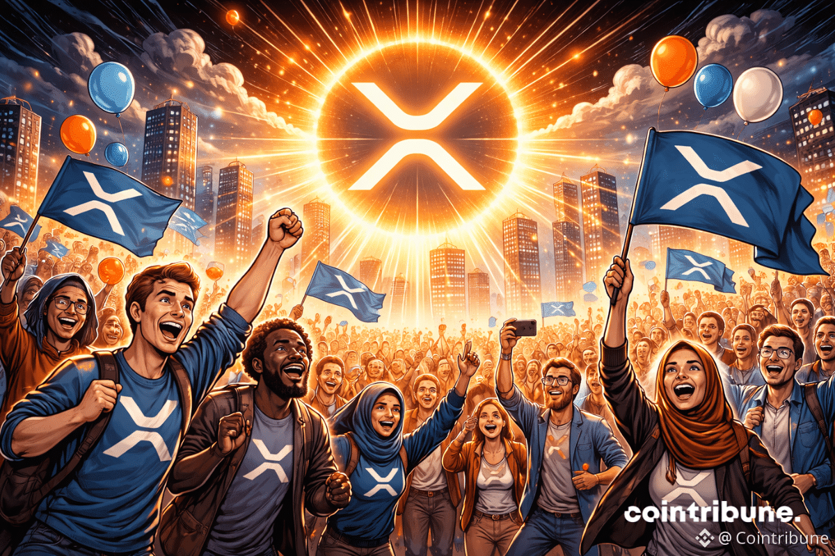 Une foule compacte et festive de supporters de XRP, venant des quatre coins du monde pour la community day, observe un hologramme géant du logo de la crypto XRP flottant dans le ciel.