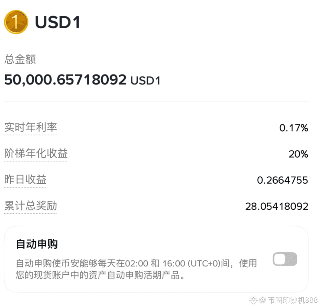 usd1的理财补贴20%到账了， 一个号每天28u，一共存了10个号。 一个月1个号收益28×30=840u 一个月10 | 币圈印钞机888 على  Binance Square