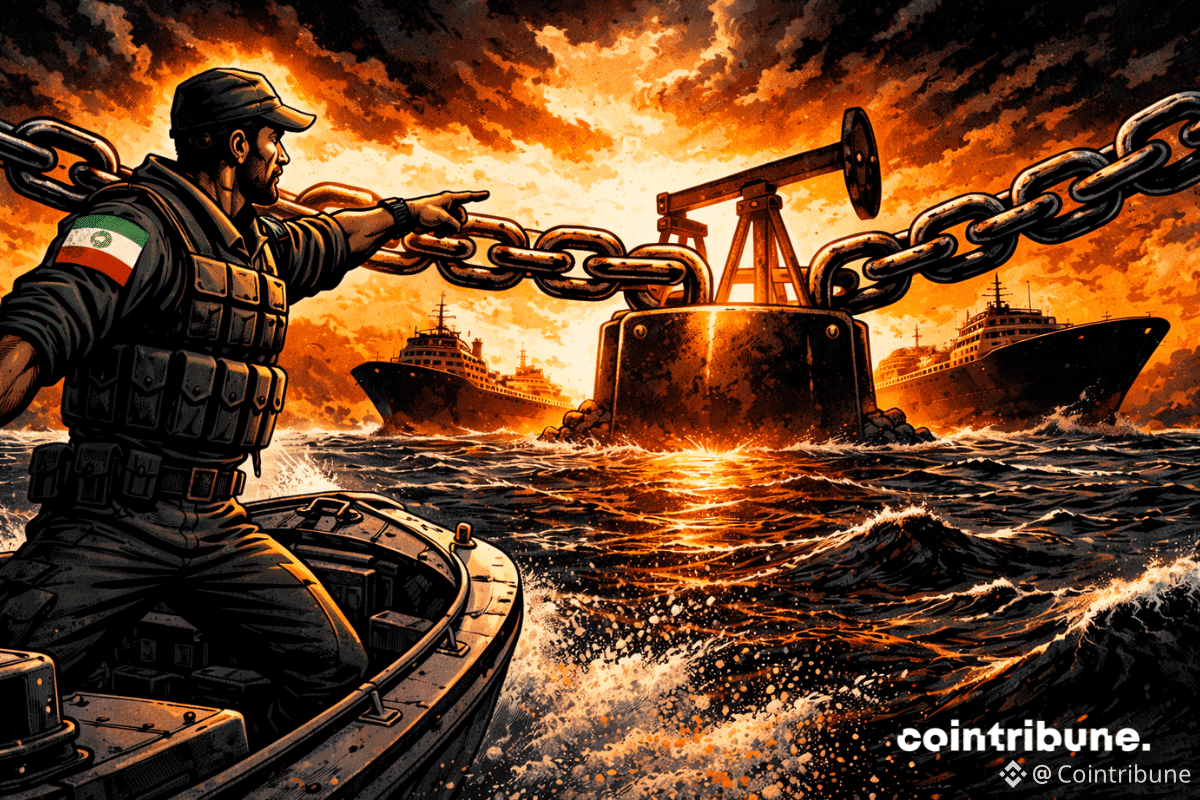 Iran : Soldat iranien bloque détroit avec chaîne géante, pompe pétrolière surgissant, tankers immobilisés, mer agitée, tension géopolitique dramatique orange.