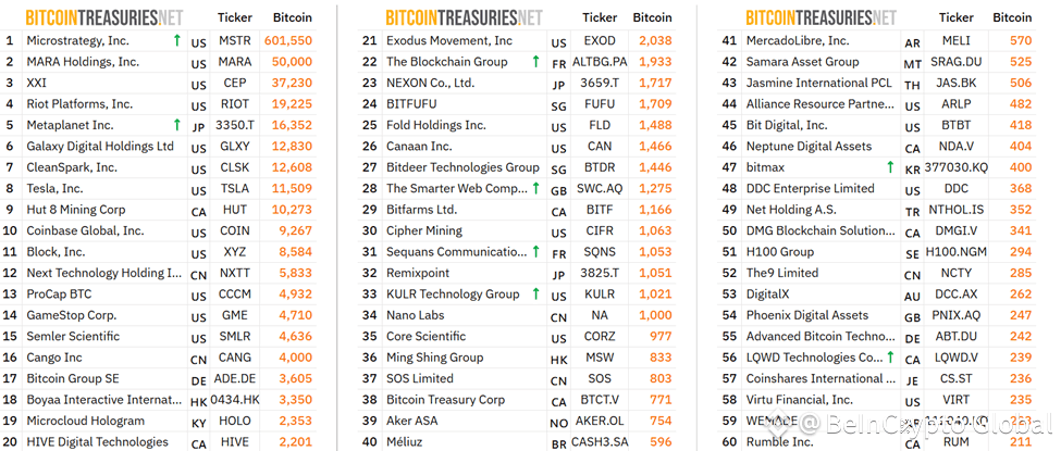 Top 20 Public Companies Holding BTC