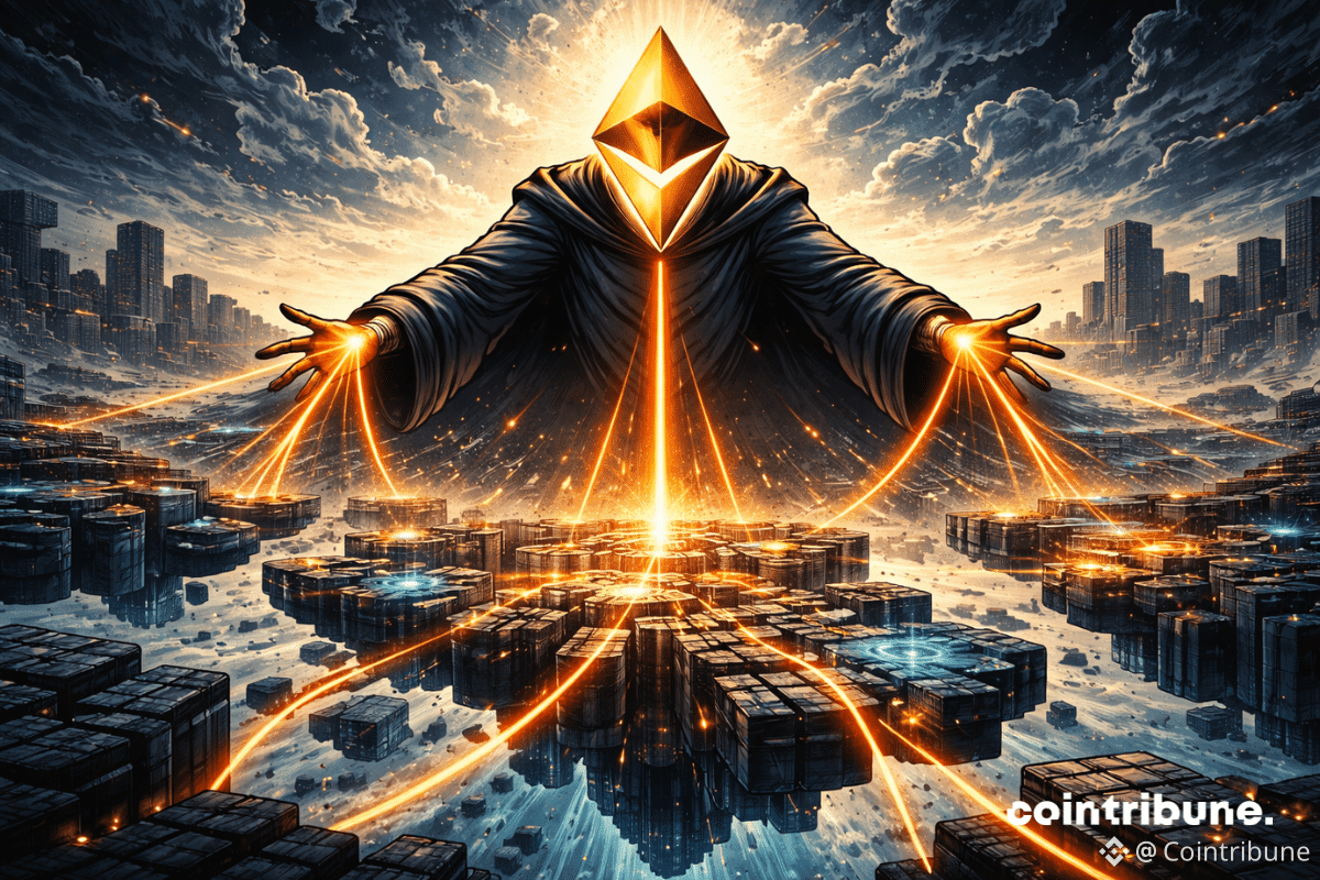 Une figure Ethereum domine, rassemblant des blocs dispersés grâce à une énergie lumineuse, transformant un chaos fragmenté en structure organisée cohérente