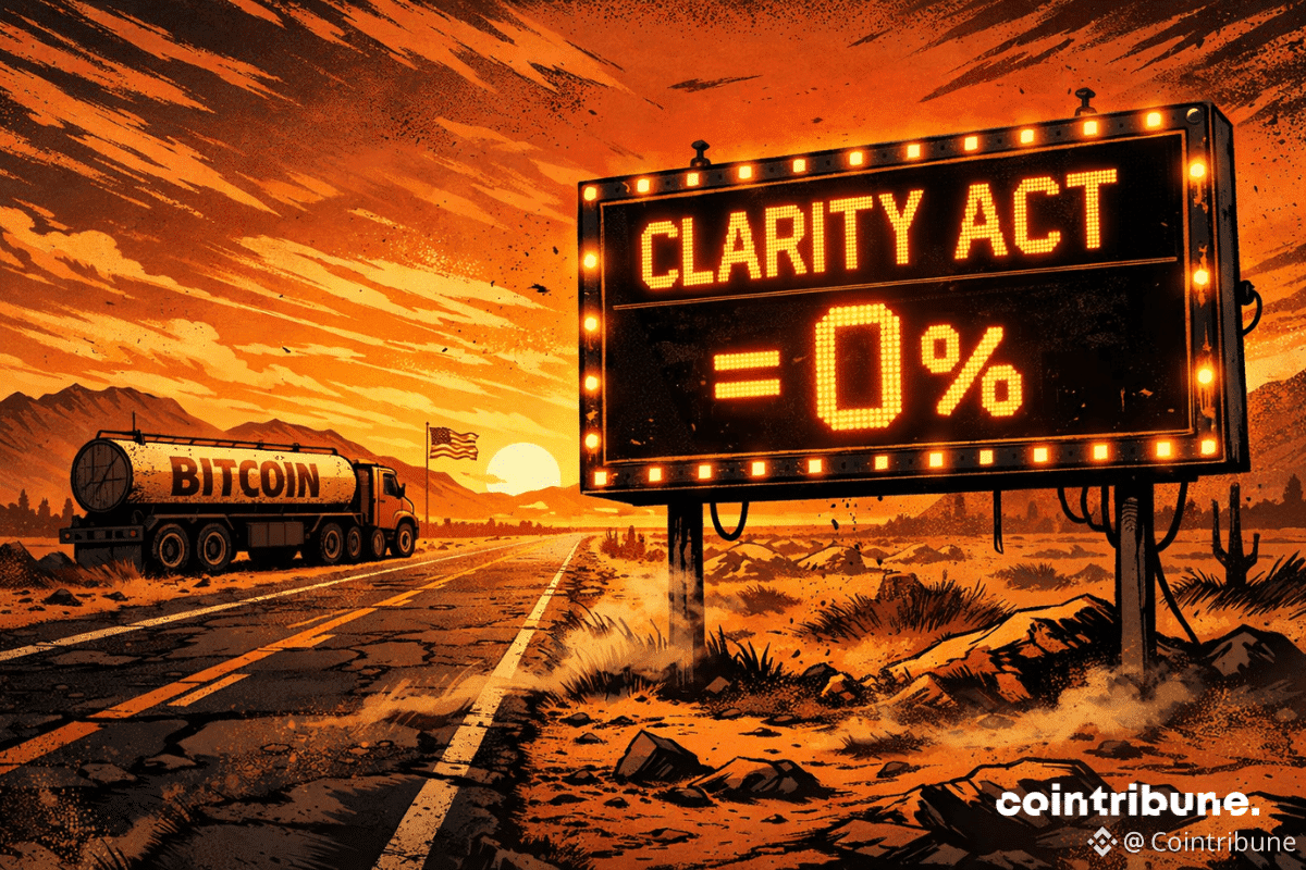 Panneau lumineux "Clarity Act = 0%" dans un désert orangé, camion Bitcoin arrêté, drapeau américain usé, ambiance figée et vide.