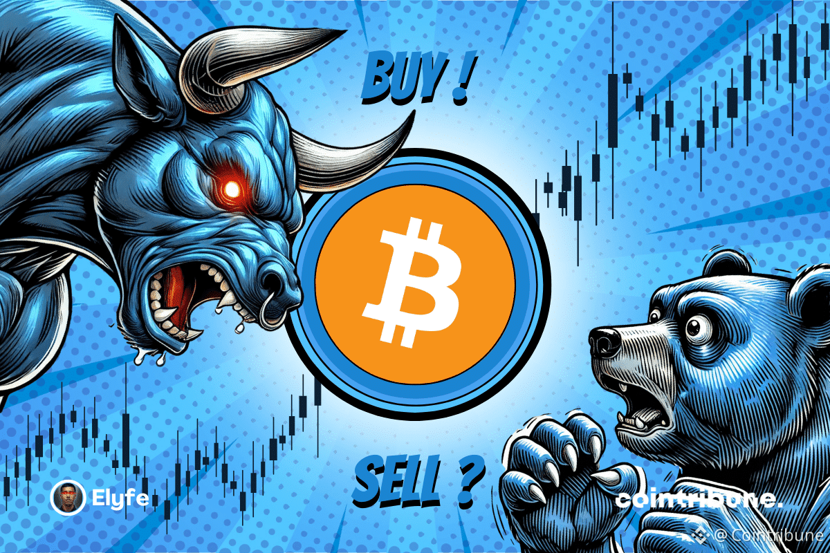 Logo Bitcoin fond bleu avec de part et d’autre un ours et un taureau bleu au regard expressif. en fond un graphique apparaît.