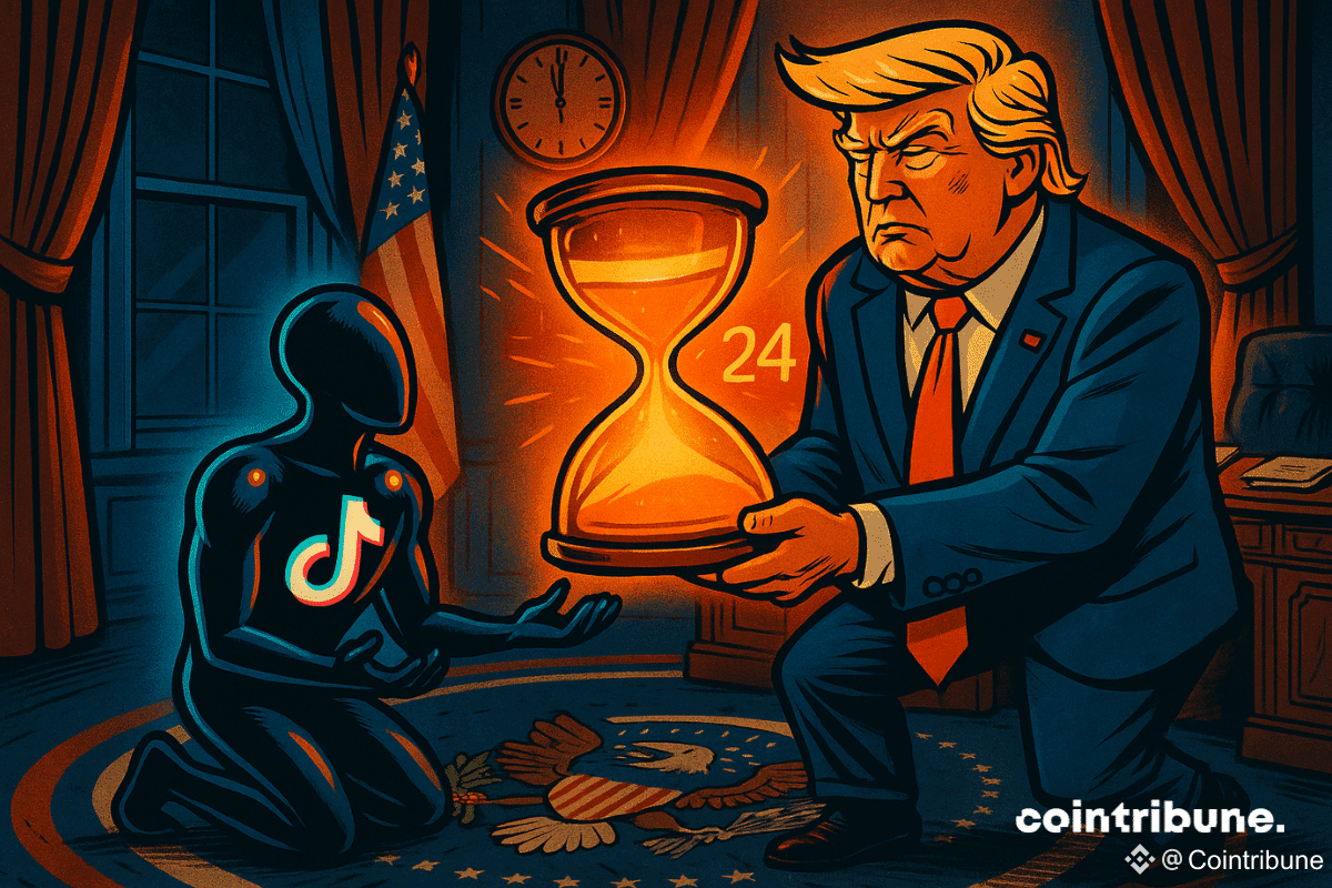 Trump tend un sablier à TikTok, ce qui symbolise le sursis accordé.