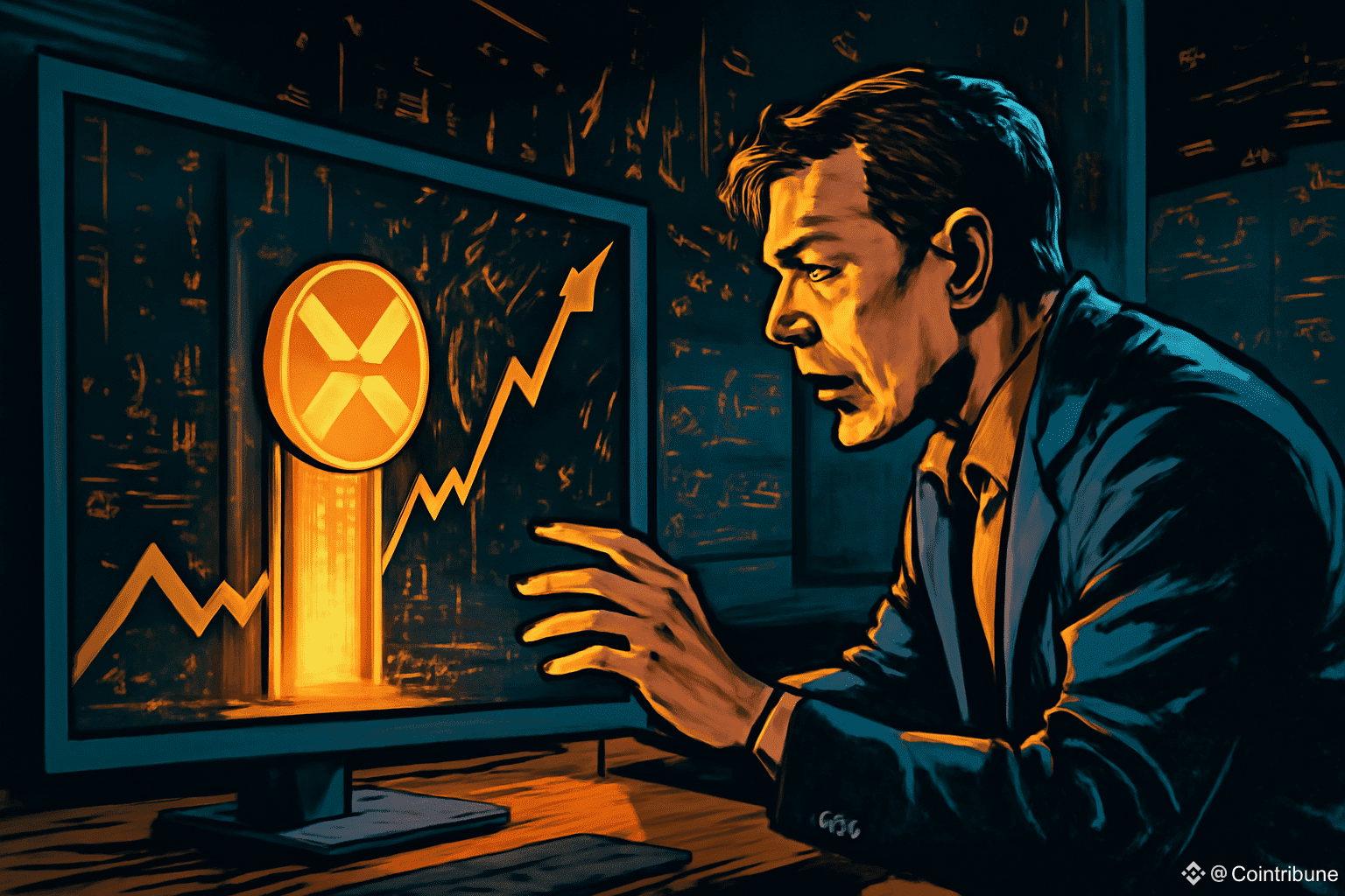 Un homme en costume regarde un écran avec le symbole du XRP qui décolle et une flèche ascendante