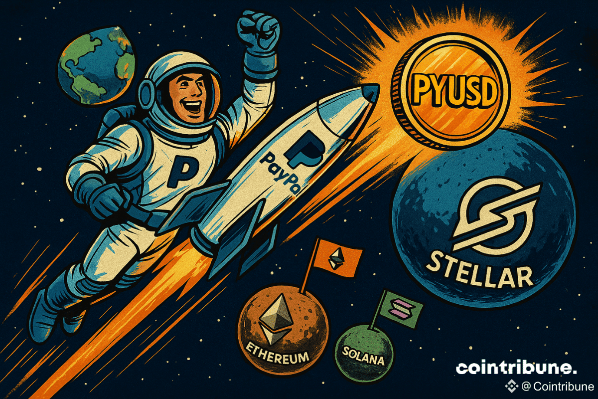 Un astronaute aux couleurs de PayPal, triomphant, propulse une fusée marquée "PayPal" vers une planète bleue nommée Stellar, dans une mission crypto intergalactique.