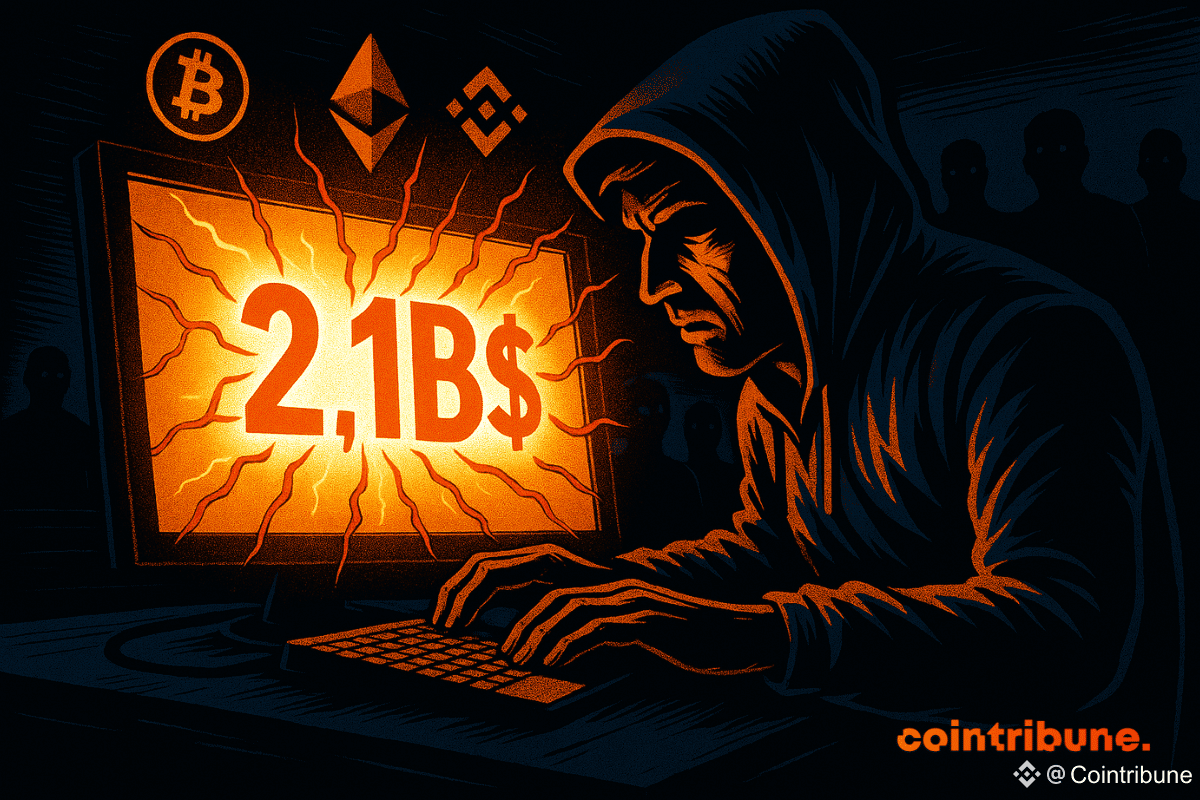 Un hacker masqué devant un écran affichant "2,1B$", avec des fissures et des logos de cryptos populaires en arrière-plan.