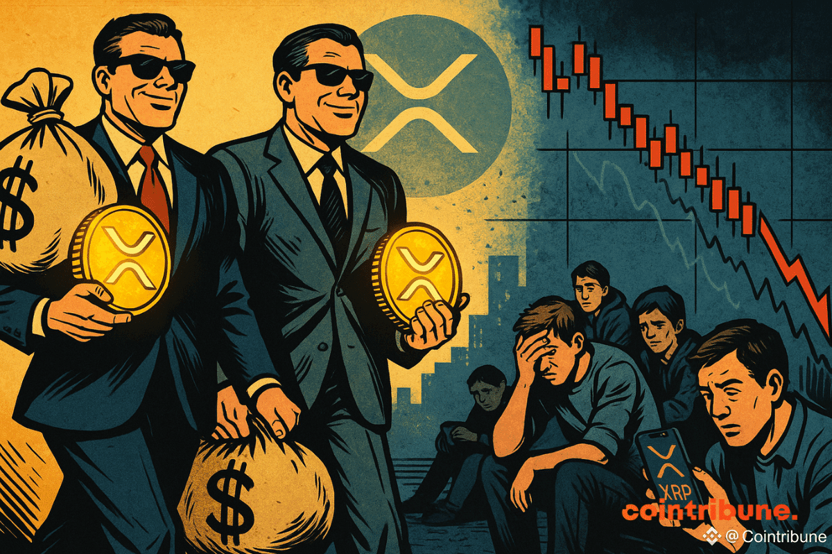 Investors walk off rich as traders sit by a crashing XRP chart.
