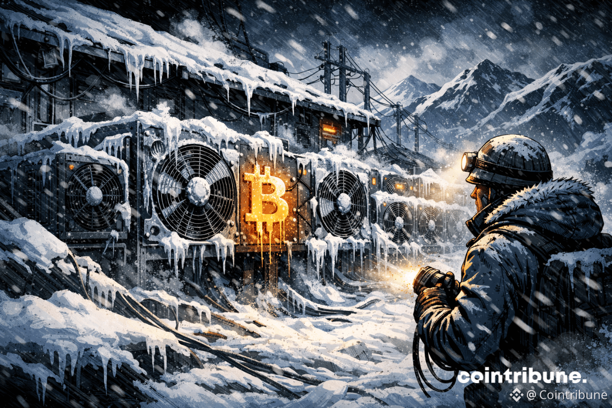 Une ferme de mining Bitcoin est ensevelie sous la neige avec des machines glacées à l’arrêt.