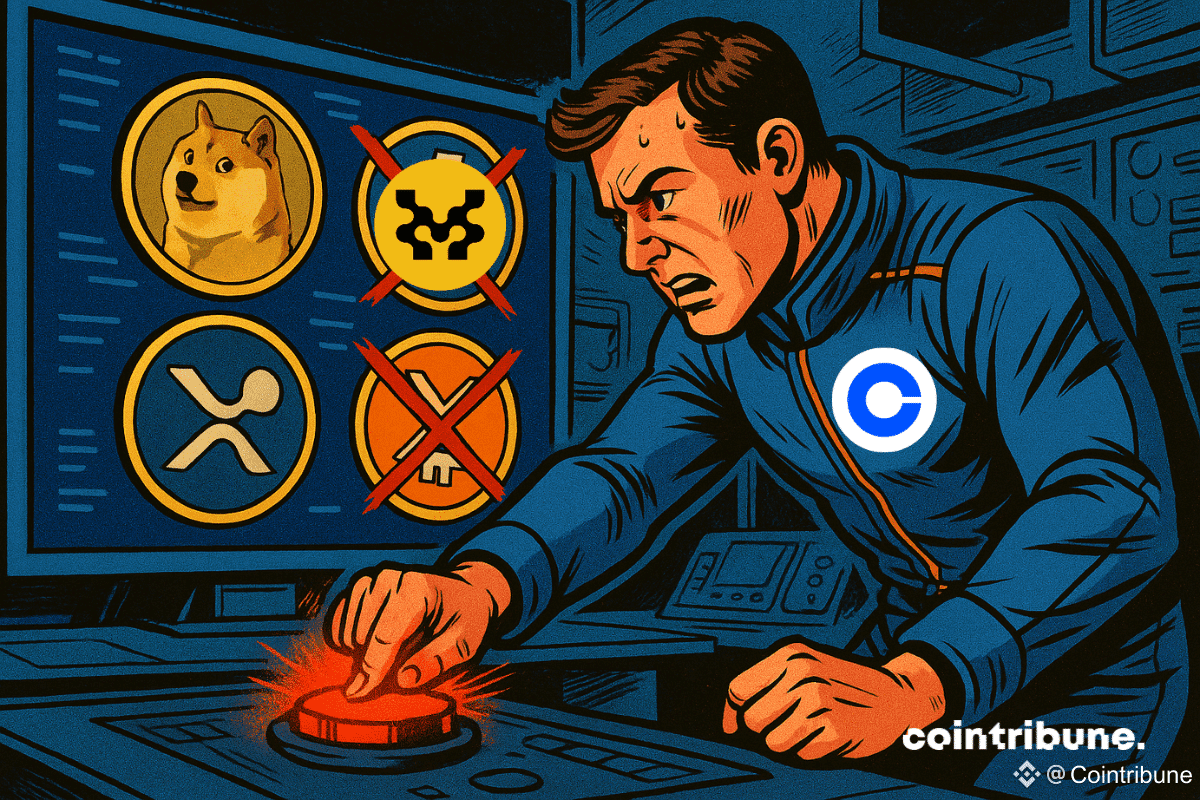 Bureau high-tech futuriste de Coinbase, éclairage intense, plan moyen serré. Un trader crypto stylisé représentant Coinbase devant l'écran.