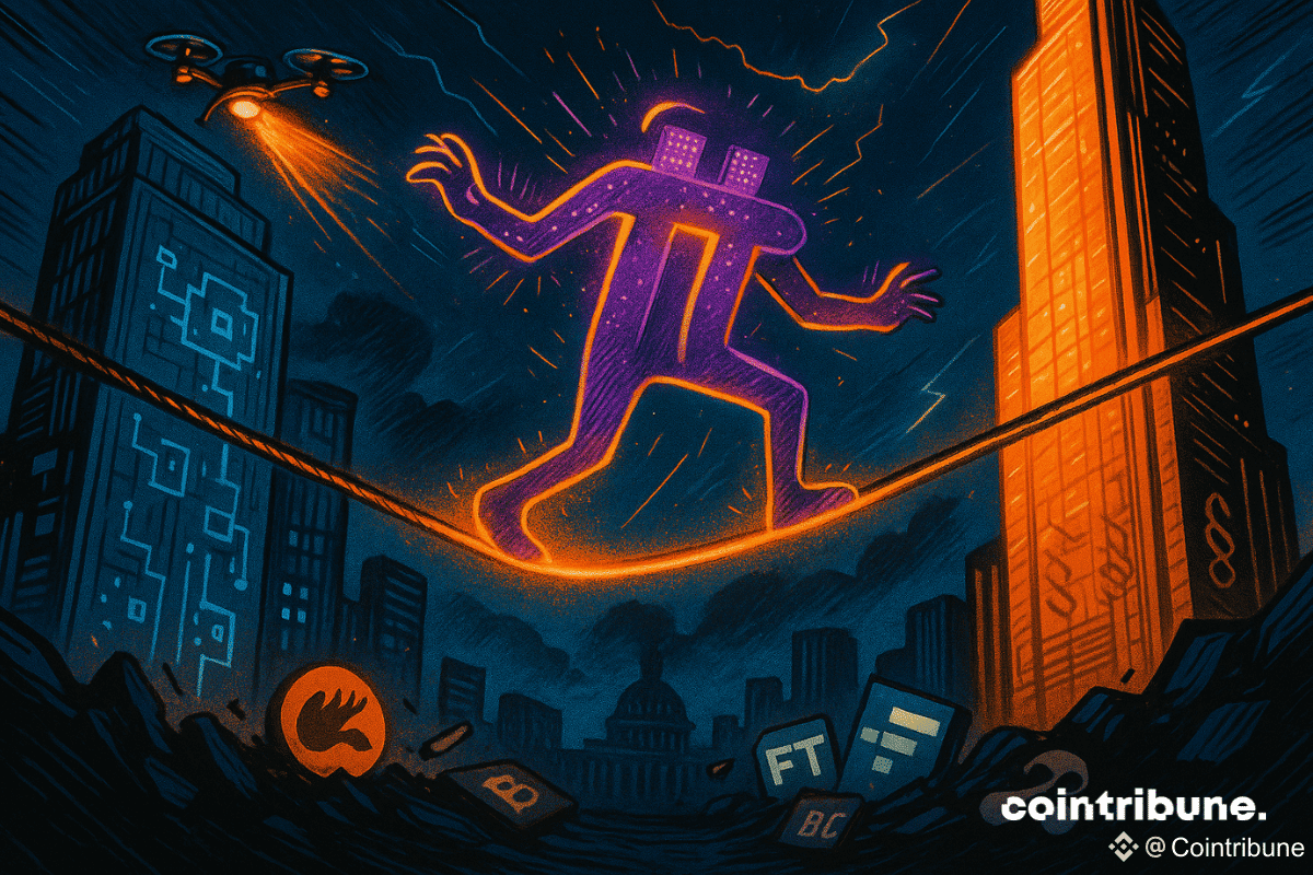 Le logo la crypto Pi Network (π) est personnifié et tente de garder l’équilibre sur une corde raide suspendue entre deux immeubles futuristes.