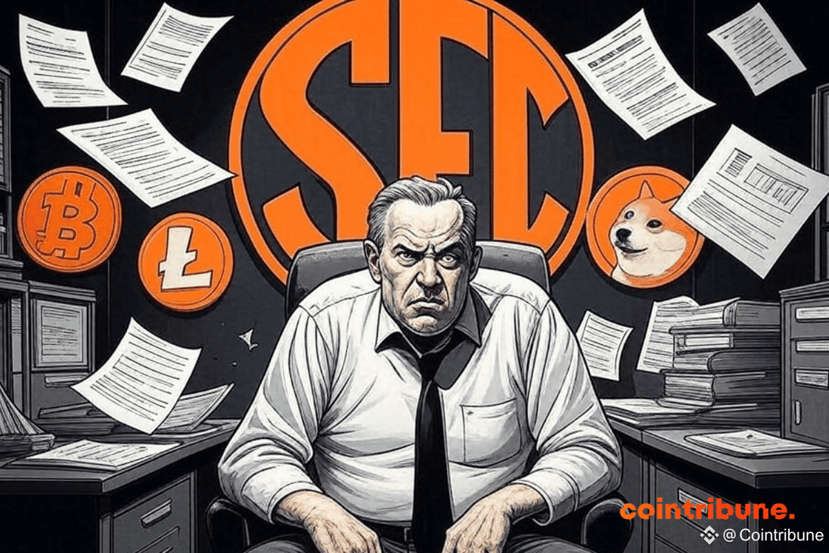 Homme frustré au bureau SEC, logos crypto (XRP, LTC, SOL, DOGE)