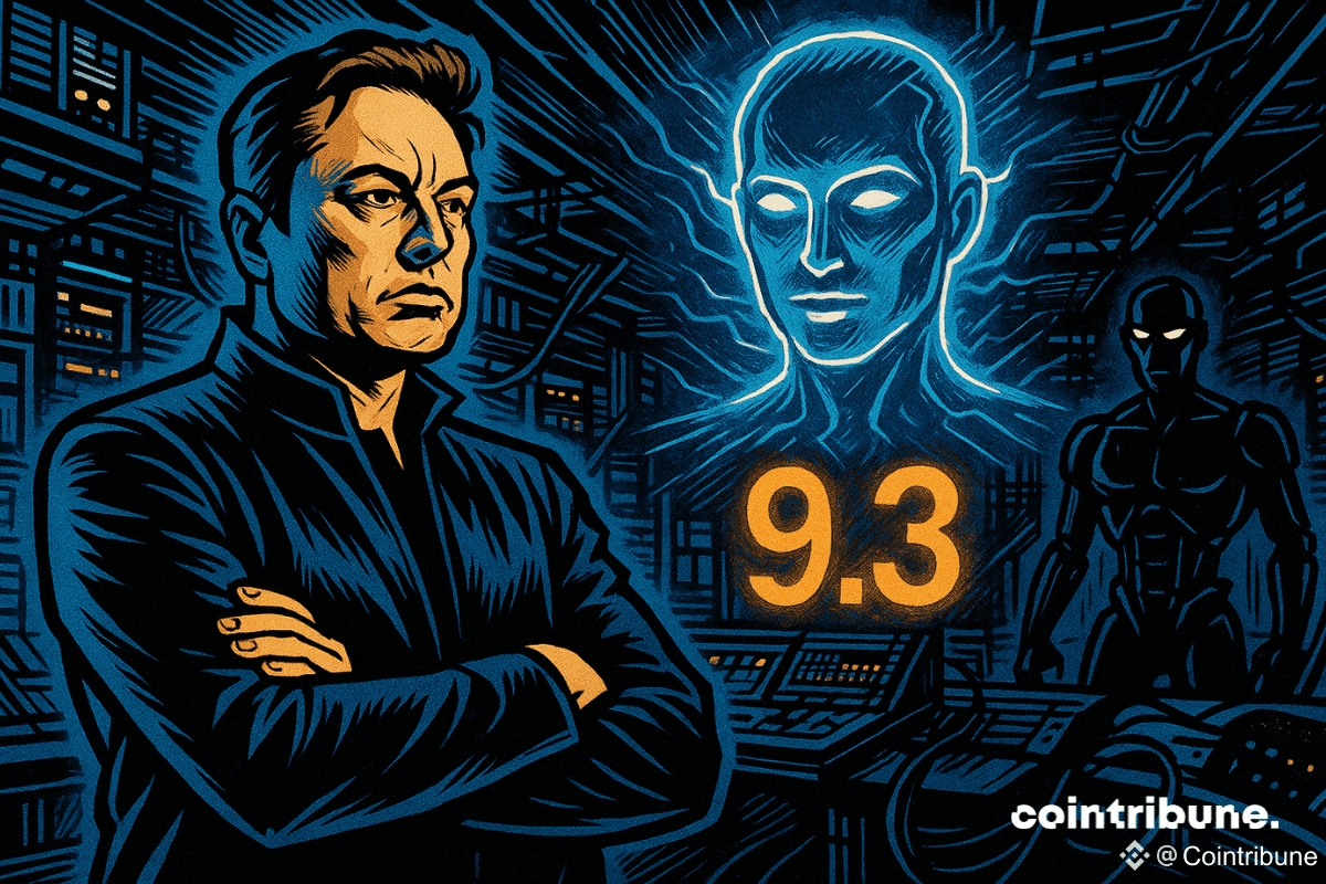Dans un centre futuriste, Elon Musk fait face à un hologramme d’IA noté “9.3”, tandis qu’un robot menaçant, symbole d’OpenAI, se profile dans l’ombre. Ambiance tendue, style comics.