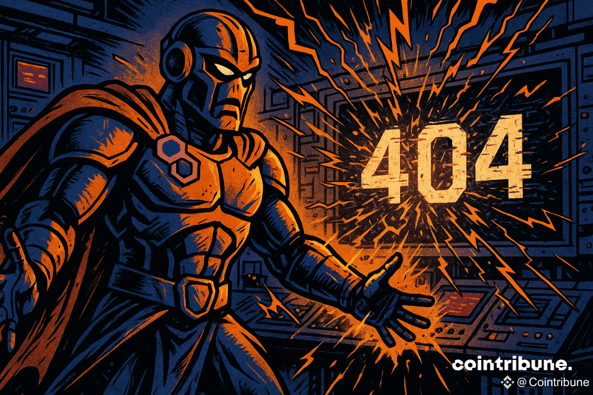 Robotic figure in front of a 404 screen, symbolizing Polygon's Heimdall V2 crash.