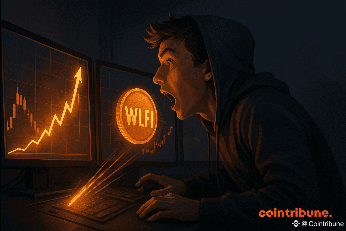 Shocked trader watches WLFI token rise on glowing monitors.