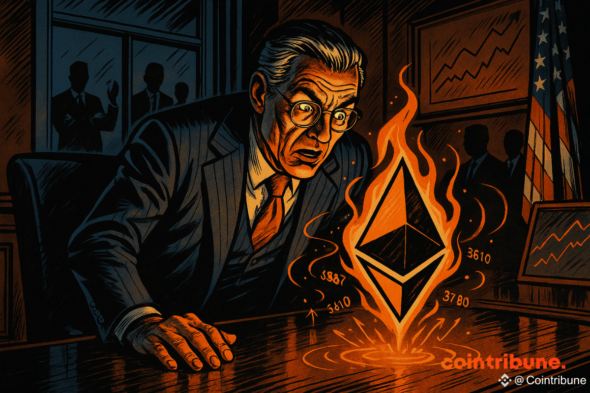 Un homme d'affaires âgé dans un bureau sombre regarde avec émerveillement un logo Ethereum brillant englouti dans des flammes orange au-dessus de son bureau, entouré de chiffres de prix en hausse et de figures sombres.