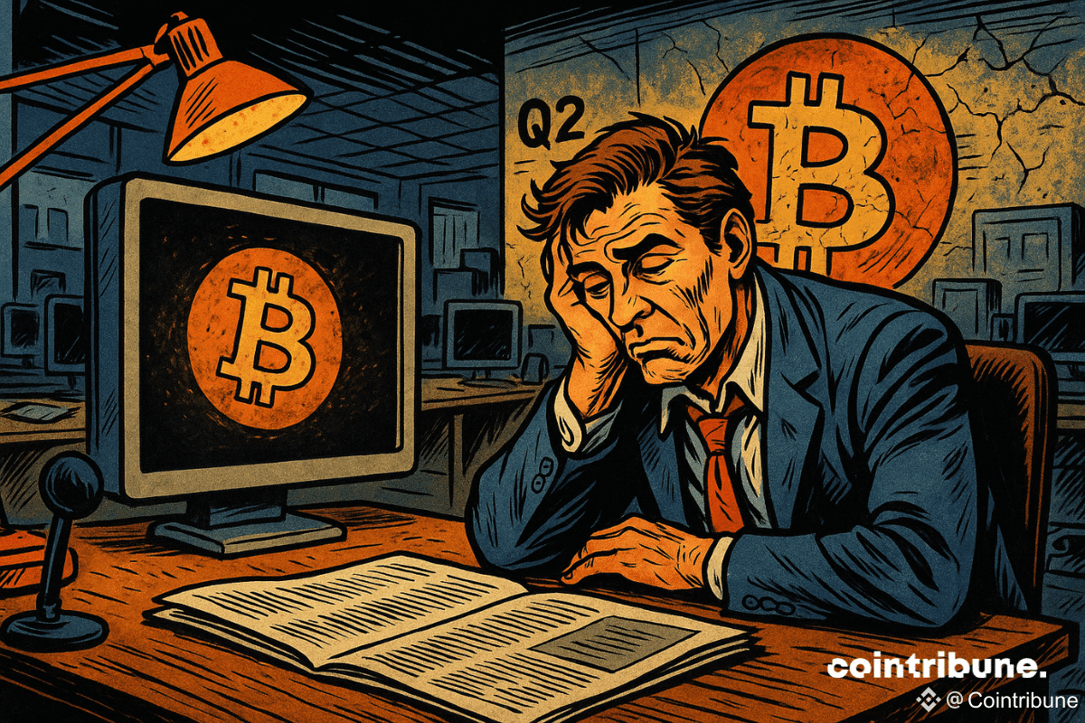 Un journaliste épuisé, affalé sur son bureau dans une salle de rédaction sombre, fixe un écran affichant le logo Bitcoin.