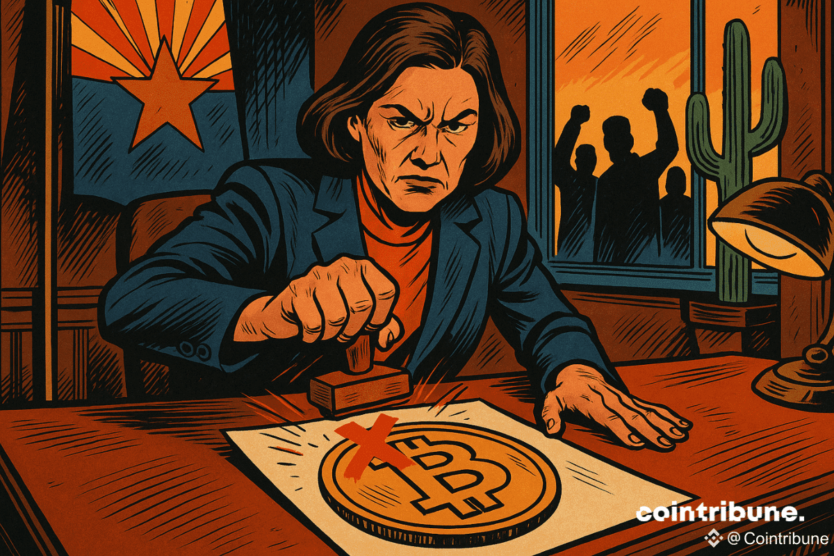 Dans un bureau officiel, la gouverneure de l’Arizona, au regard sévère, appose un tampon rouge sur un document Bitcoin, sous les yeux de manifestants silhouettes et d’un désert flamboyant.