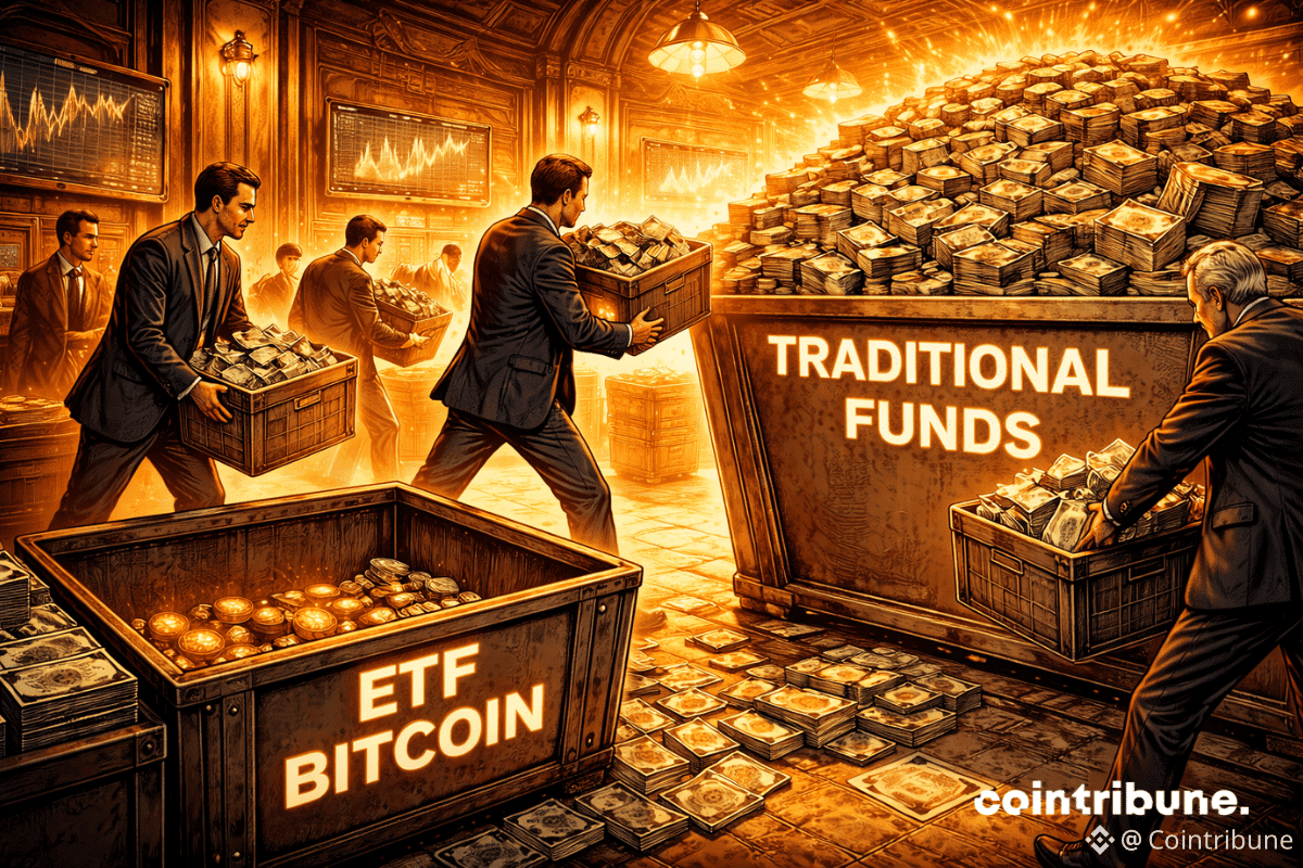 Des institutionnels déplacent calmement des blocs de capitaux d’un bac « Bitcoin » vers un bac « finance traditionnelle ». Le bac crypto se vide visiblement.