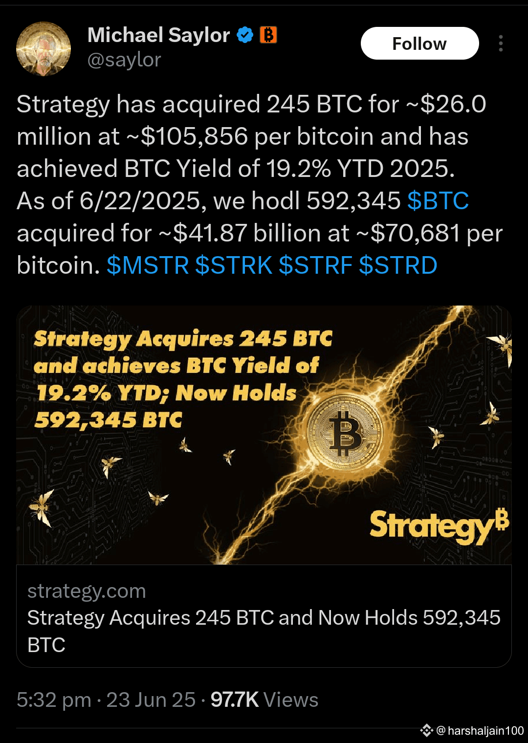 STRATEGY BUYS ANOTHER 245 BITCOIN FOR $26 MILLION #SaylorBT |  harshaljain100 on Binance Square