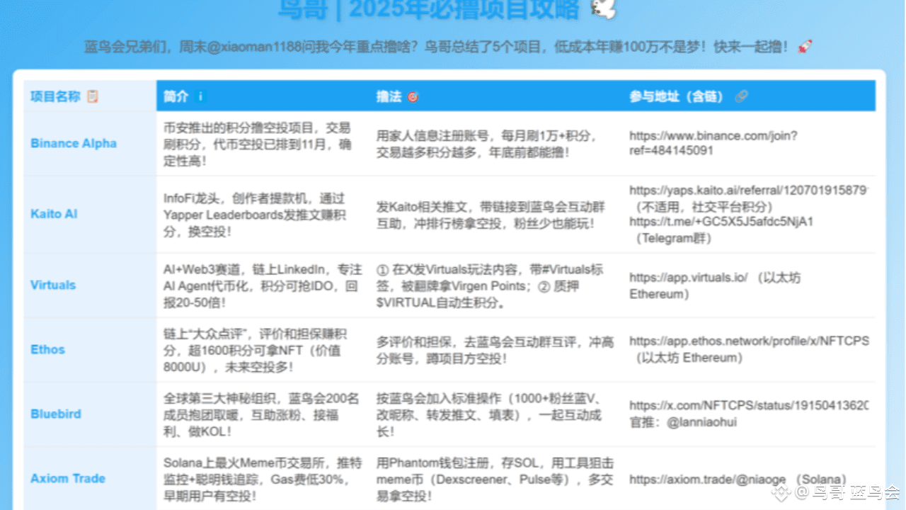 2025年按头必撸的6个项目，低成本年赚100万攻略》 | 鸟哥Bluebird Labs发布于币安广场