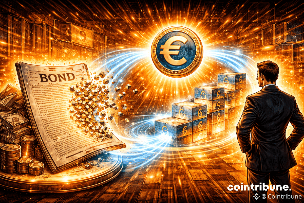 Une obligation papier se transforme progressivement en bloc numérique. Un flux de stablecoin euro circule autour pour finaliser le règlement, ce qui symbolise le test effectué par SWIFT et SG Forge.