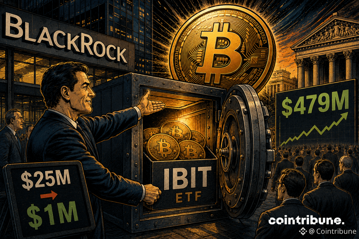 Un homme ouvre un coffre rempli de bitcoins devant BlackRock, tandis que des investisseurs observent des chiffres et un graphique ascendant.