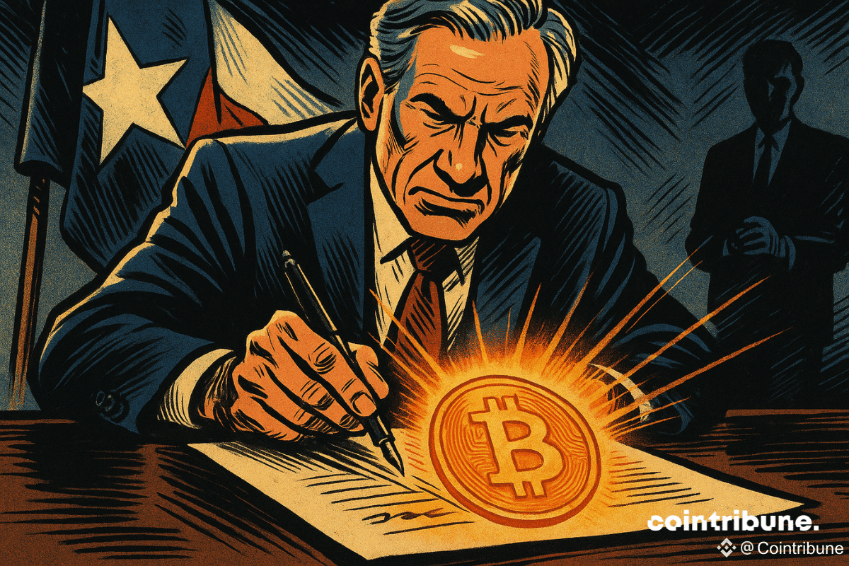 L’image montre un gouverneur texan et un document illuminé par un emblème Bitcoin.