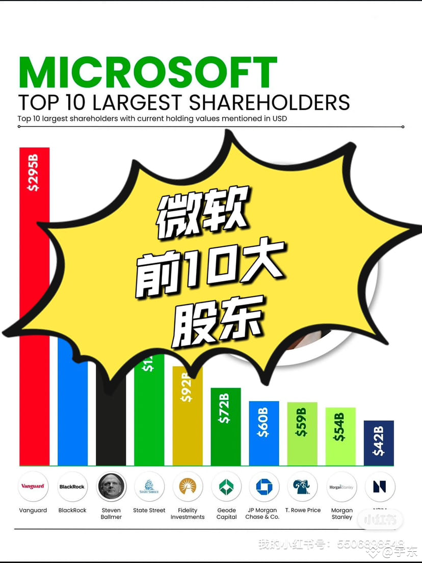 微软Microsoft前10大股东微软的股东结构主要由大型资产管理公司🏦、金融机构🏢以及个人投资者👨‍💼组成| 宇东发布于币安广场