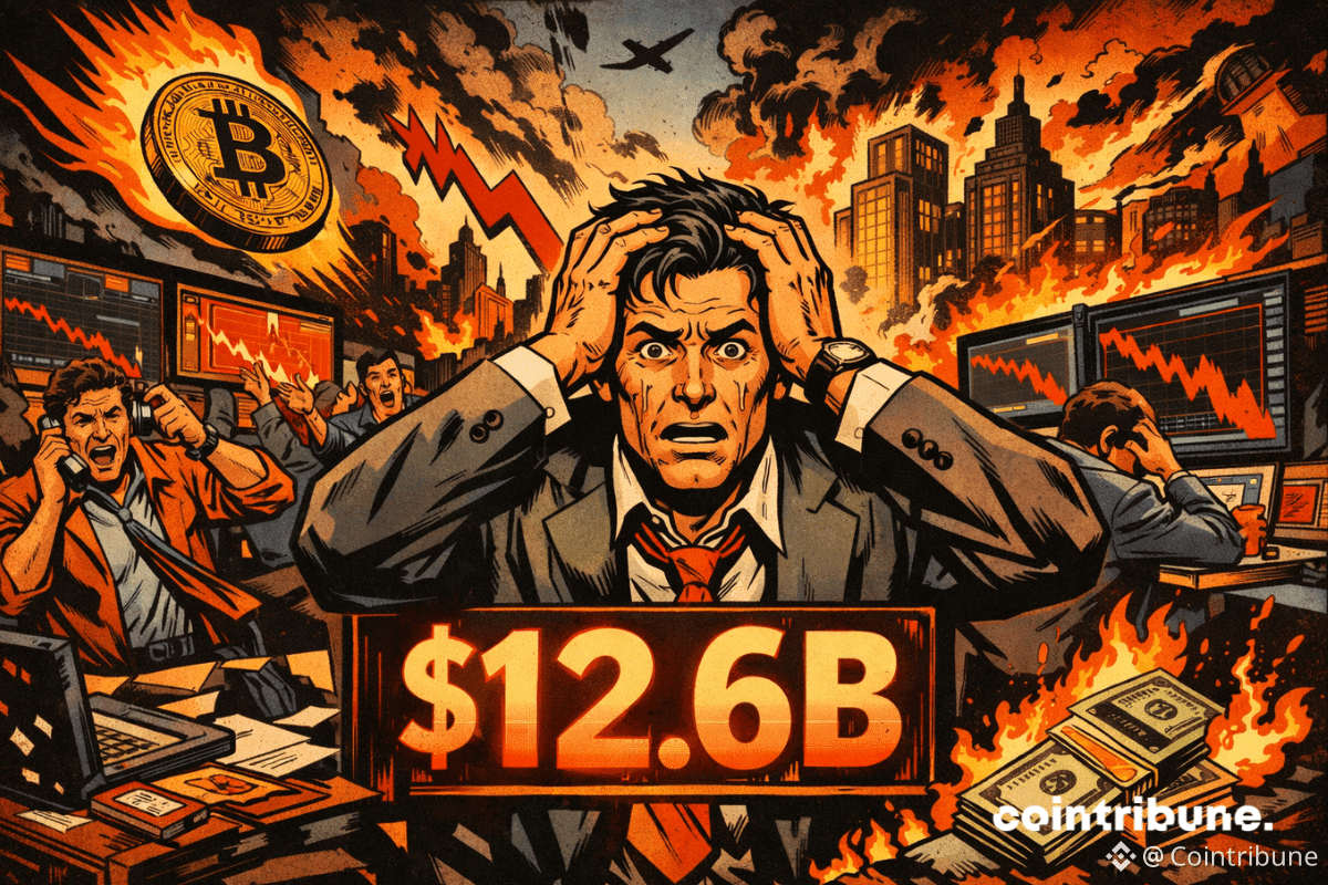 Un homme d'affaires panique face à une perte de 12,6 milliards de dollars, un effondrement du Bitcoin et le chaos des marchés qui se déchaînent autour de lui.