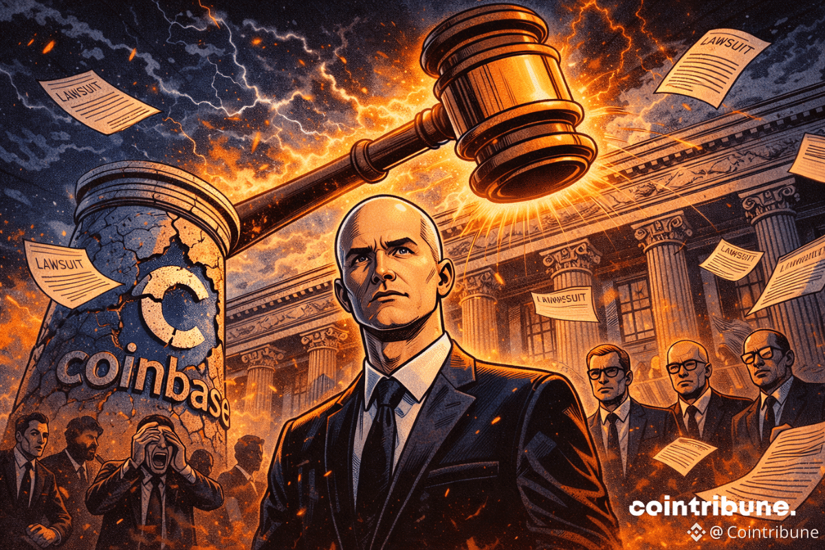 Brian Armstrong fait face à un marteau de justice géant, entouré de silhouettes accusatrices, sous un logo Coinbase fissuré.