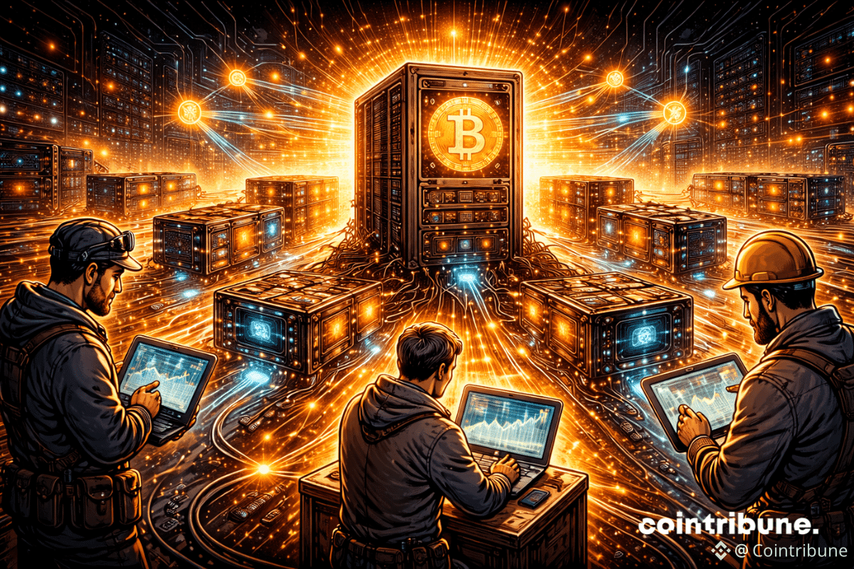 Un serveur Bitcoin massif est au centre. Autour de lui, des mini-serveurs reliés, dont quelques-uns émettent une lumière orange plus forte.