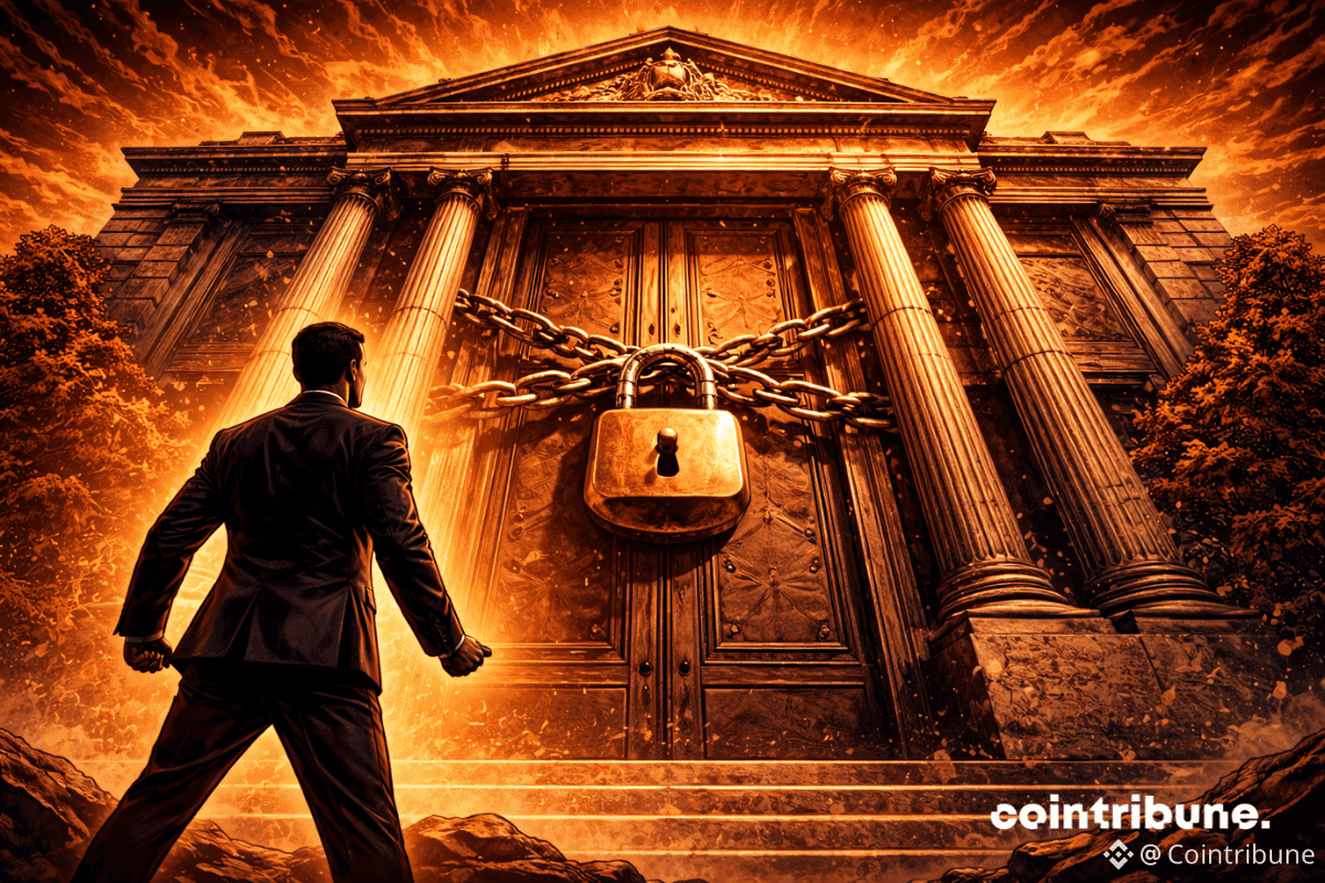 Une silhouette politique générique fait face à une porte bancaire fermée par un cadenas massif devant ne façade bancaire monumentale, ce qui symbolise la fermeture abusive des comptes de Trump par JPMorgan.