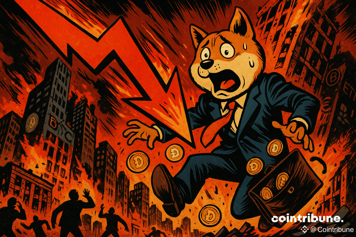 Un DOGE humanoïde, costume trois pièces froissé, attaché-case ouvert laissant s’échapper des cryptos Dogecoin. Il tombe en arrière d’un building en flammes, visage paniqué, yeux exorbités, pattes écartées, cravate orange flottant au vent.