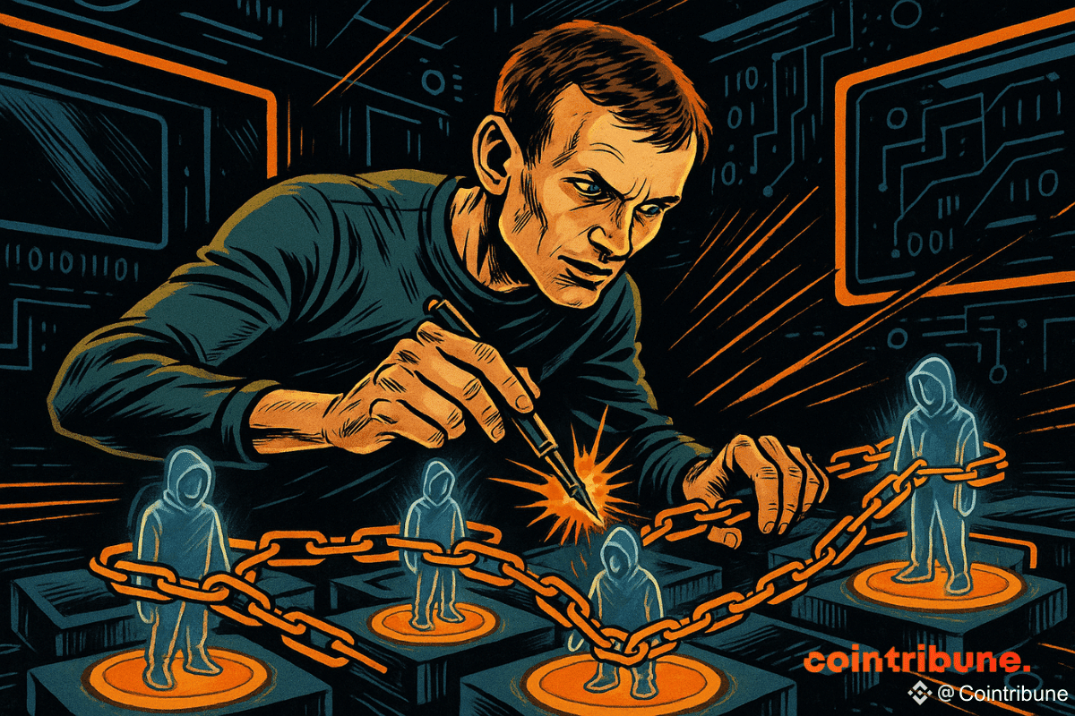 Vitalik Buterin manipule des avatars numériques sécurisés par blockchain, dans un laboratoire futuriste, entouré de chaînes et d'écrans.