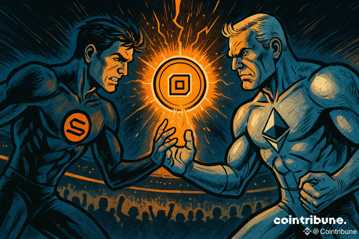 Dans une arène survoltée, Solana et Ethereum s’affrontent pour un actif tokenisé lumineux. Leurs regards brûlants incarnent la rivalité féroce des blockchains dans un duel technologique épique.