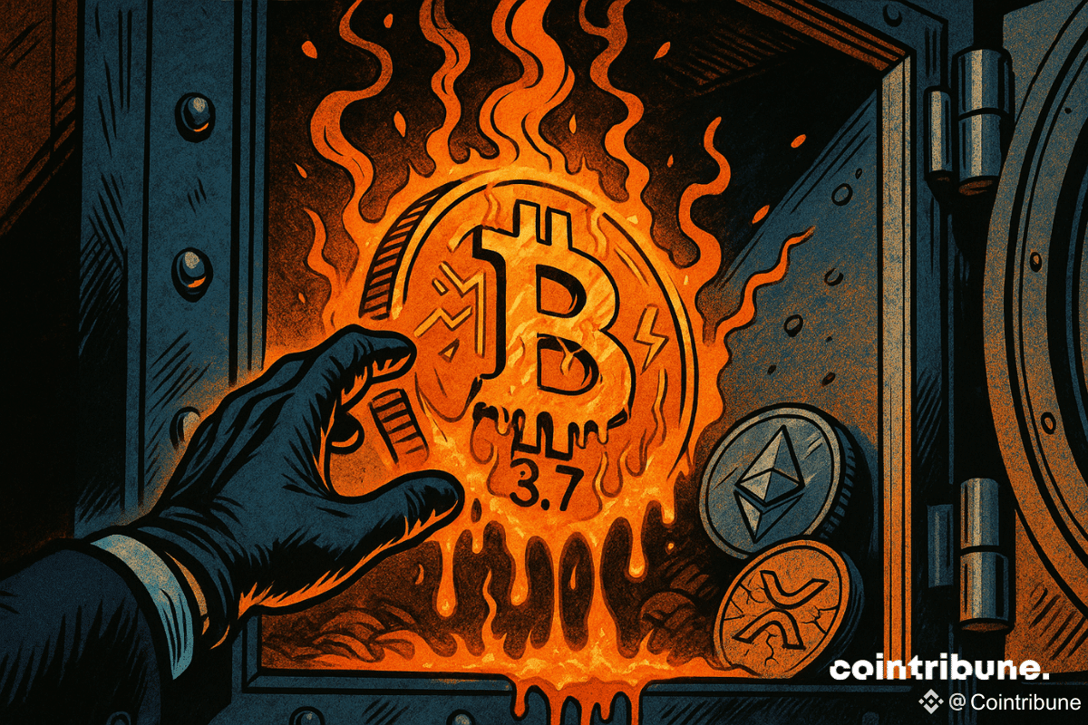 Une main saisissant la crypto BTC en fusion dans un coffre-fort