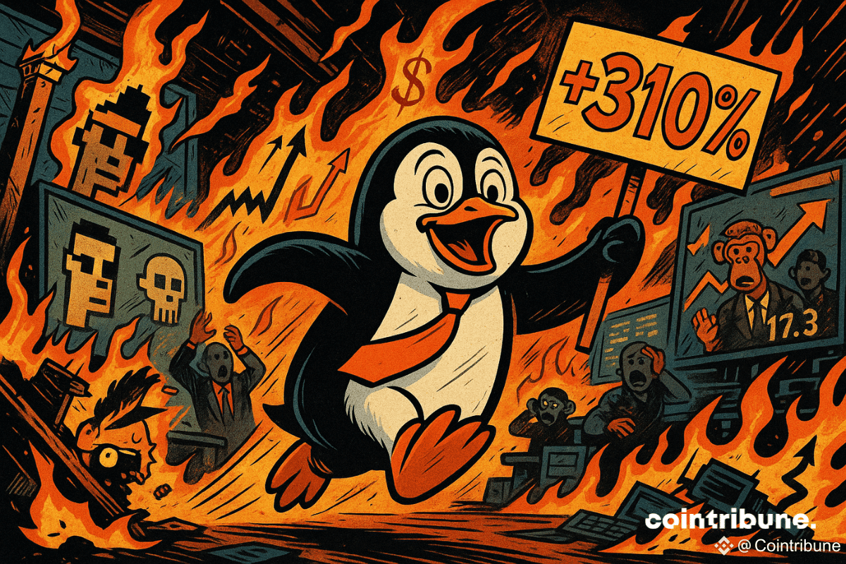 Pingouin euphorique traverse une bourse NFT en flammes