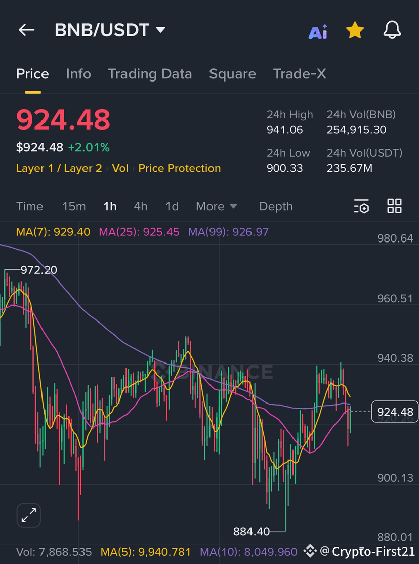 BNB/usdt 市場分析： 當前交易價格約爲924.48，走勢橫盤。最近的支撐位在900.00 附近，此前買家曾|  幣安廣場上的Crypto-First21