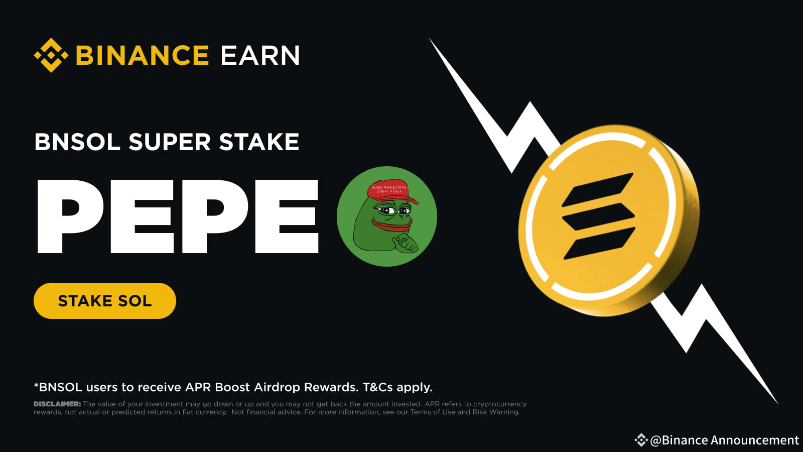 Introducing Pepe (PEPE) on BNSOL Super Stake: HODL BNSOL to Get PEPE APR  Boost Airdrop Rewards | Binance Announcement on Binance Square