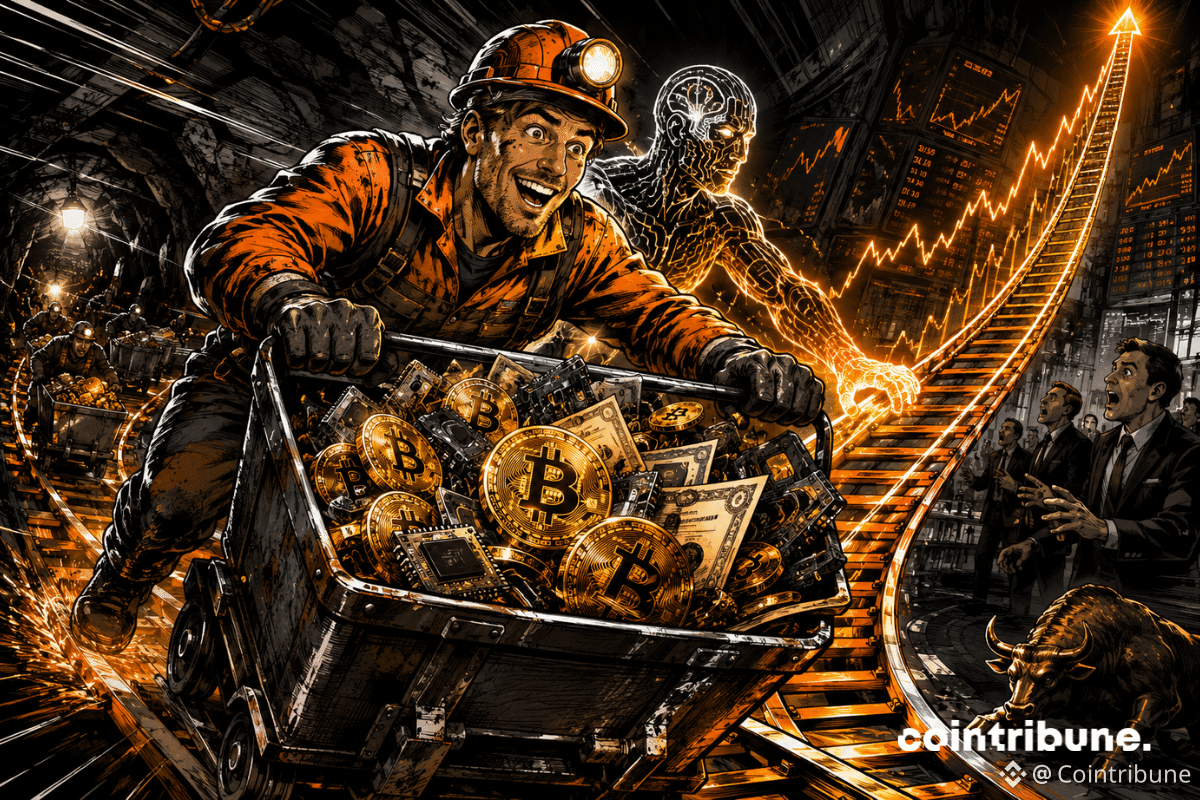 Un mineur pousse un chariot rempli de bitcoins, propulsé par une silhouette d’intelligence artificielle sur des rails en forte hausse.