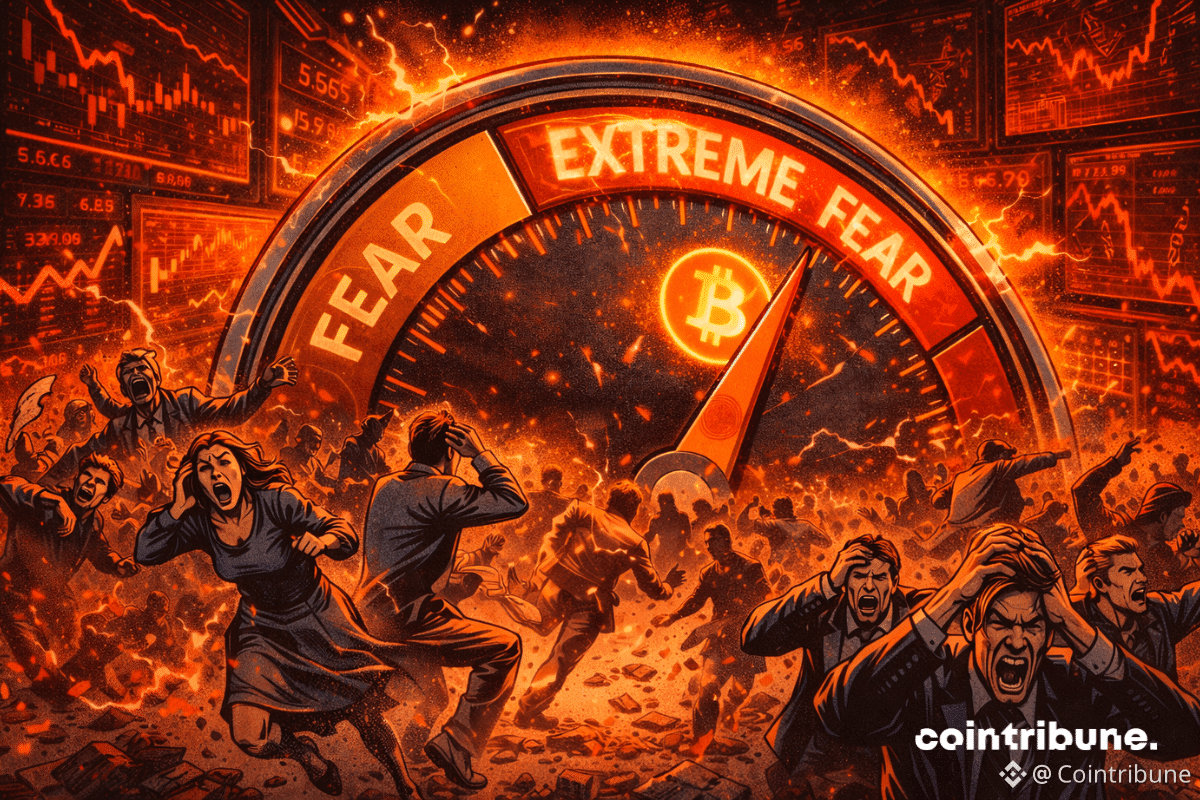 Une foule paniquée court sous une alarme géante "Extreme Fear", tandis qu’un Bitcoin stable brille calmement au centre.