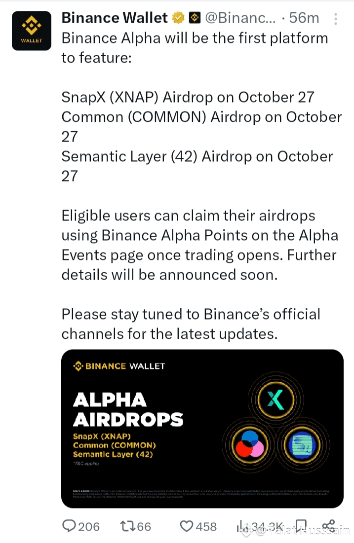 Get Ready: Binance Alpha Announces Triple Airdrop Event for October 27! |  Talat Husssain on Binance Square