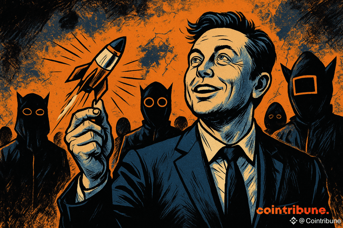 Elon Musk souriant, tenant une fusée miniature, entouré de figures masquées, sur un fond dynamique orange et noir.