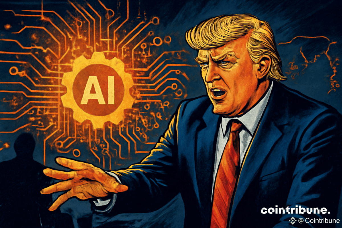 Donald Trump, en costume sombre, tend la main vers un hologramme d'IA lumineux, symbolisant une révolution technologique, entouré de circuits électroniques et de tensions géopolitiques dans une ambiance énergique