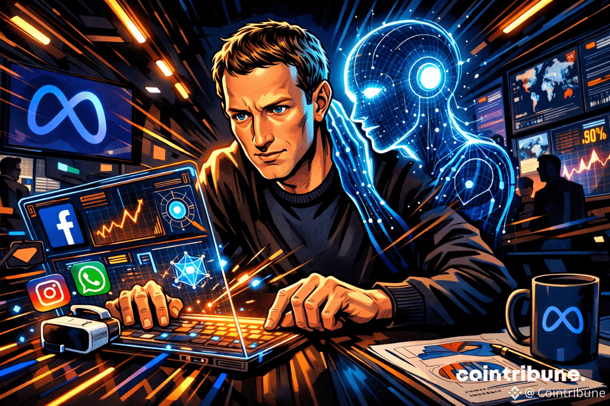 Zuckerberg face à une IA holographique dans une salle de contrôle.