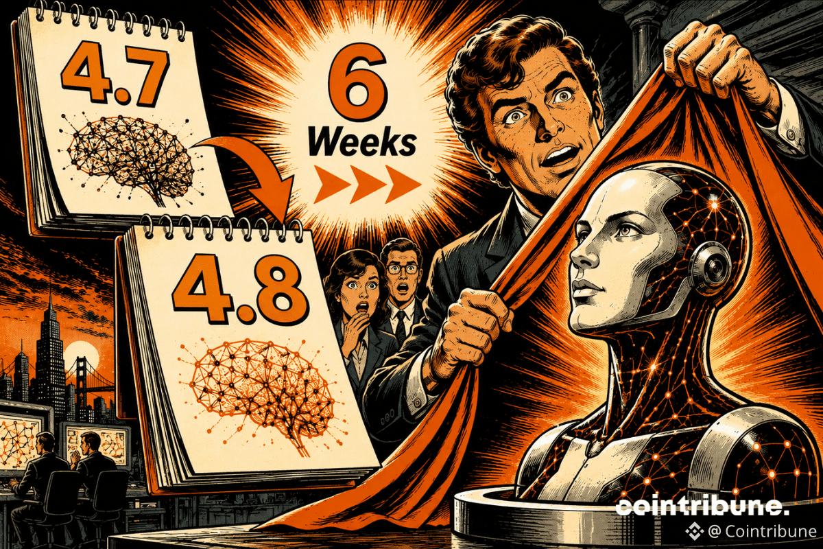 Illustration d’Anthropic dévoilant Opus 4.8 après Opus 4.7, avec un robot IA, des calendriers 4.7 et 4.8 et la mention six weeks.