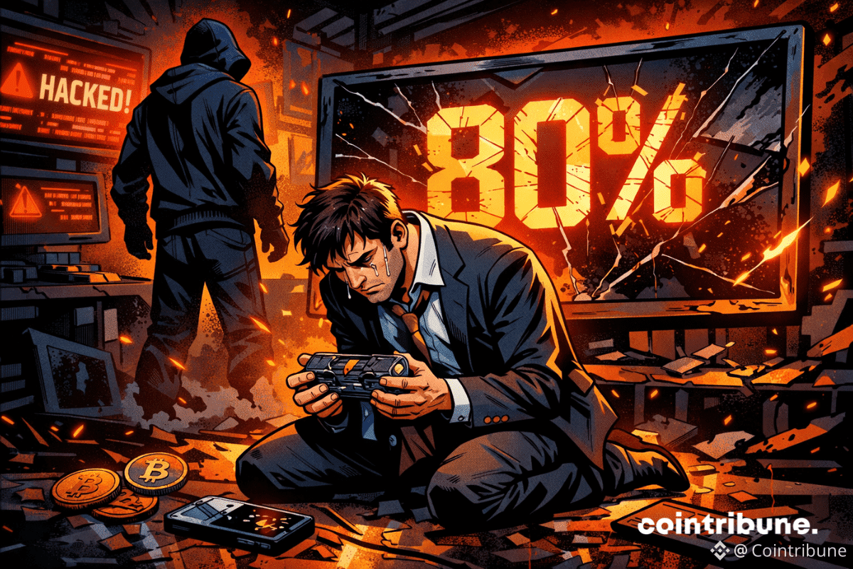 Un entrepreneur crypto à genoux dans un bureau ravagé, dévasté après une attaque informatique : 80 % des projets piratés ne s’en relèvent jamais.