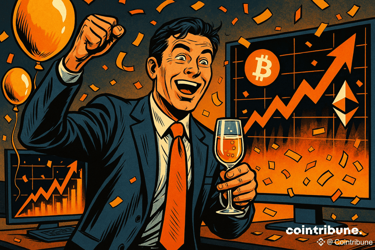 Un businessman jubilant, levant un verre, entouré de confettis et de ballons, tandis que Bitcoin et Ether explosent.